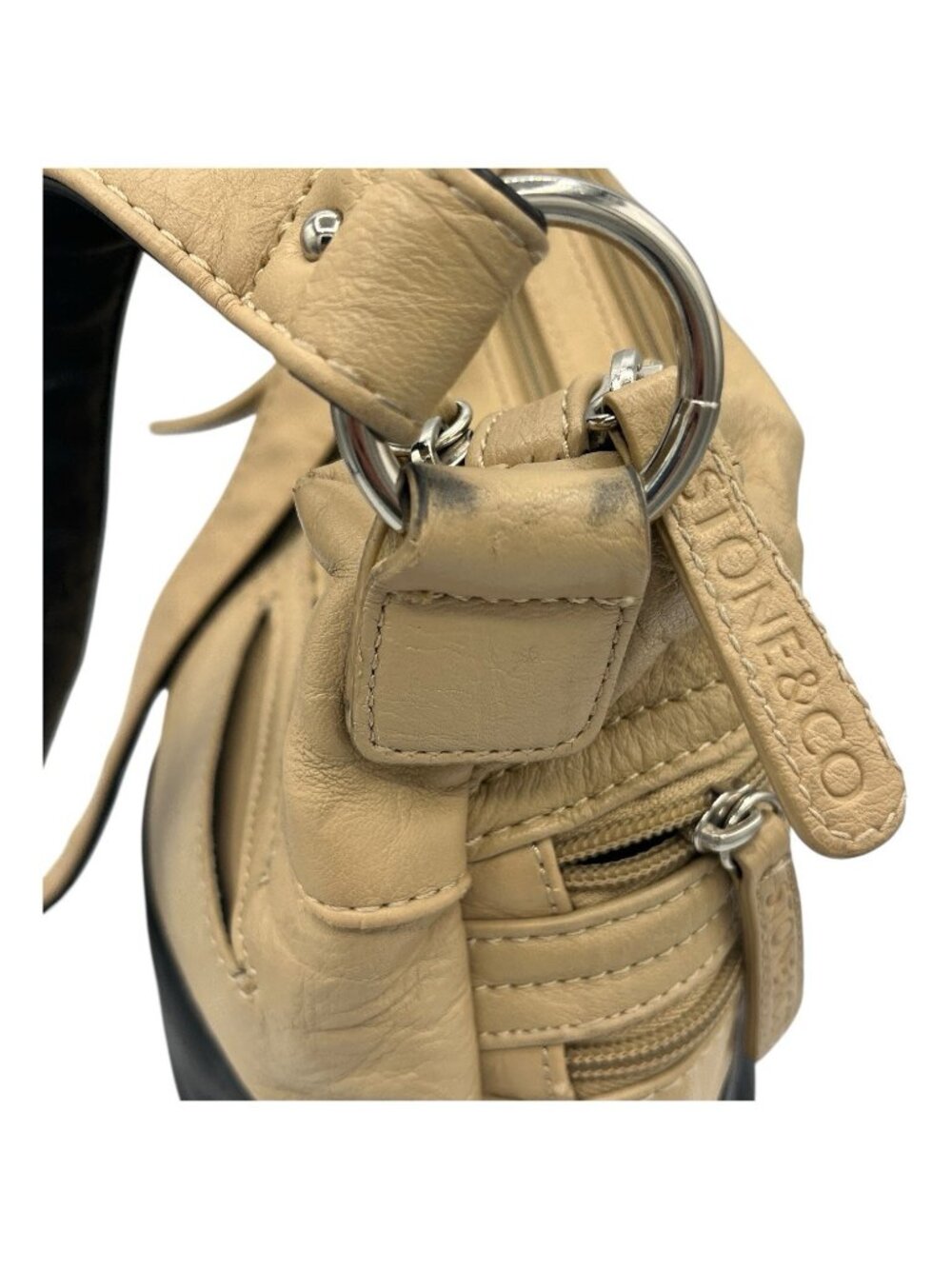 Stone & Co Cross Body Shoulder Bag Beige & Black Multi Zipper Faux Leather - Picture 3 of 16